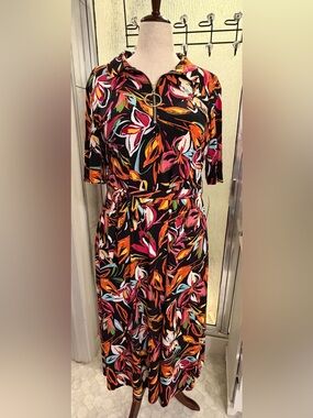 MSK Black Midi Dress with Multicolor Floral Print size XL NWT $50